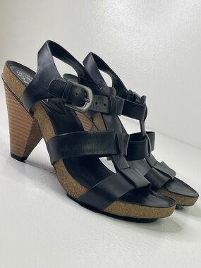 Kork-Ease CAUK10 Black Leather Strappy Wedge Heel Sandals Size 9 / 40.5